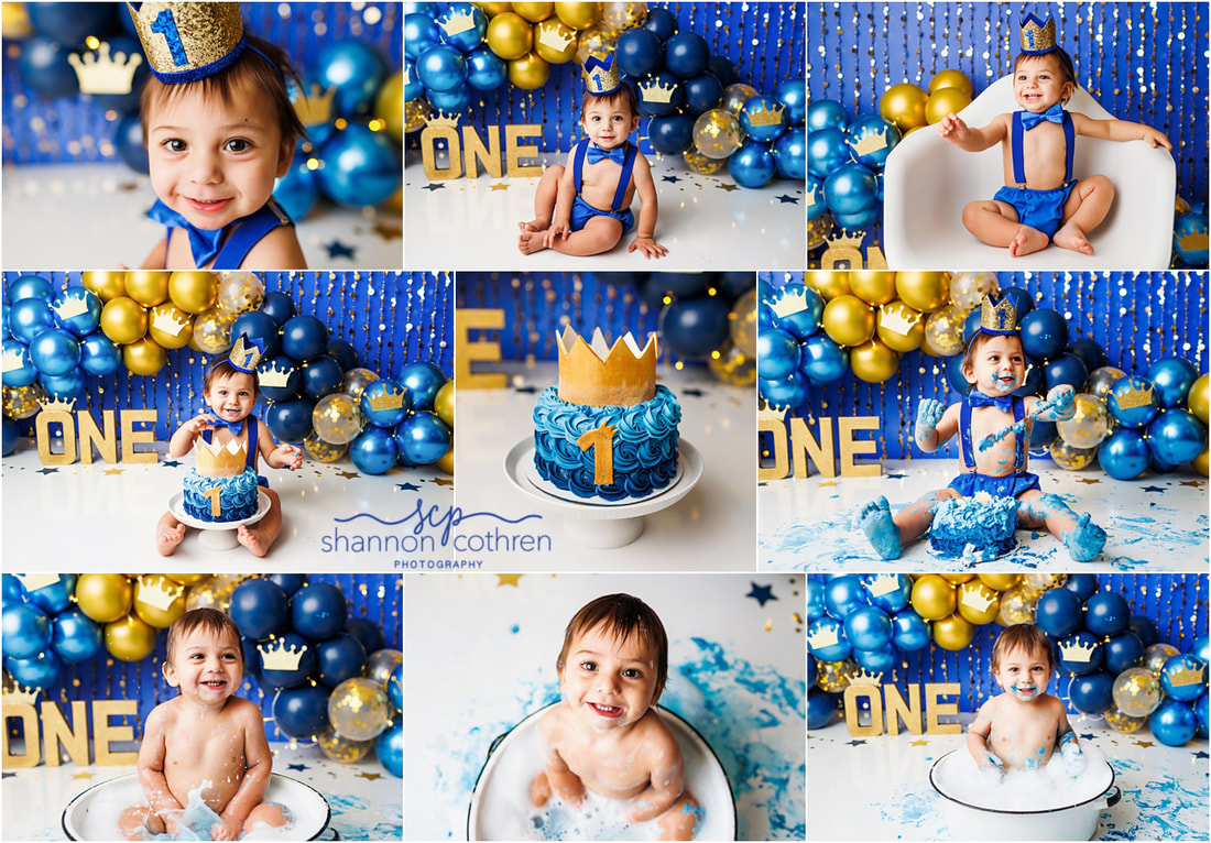 Blue and gold cake smash for boy